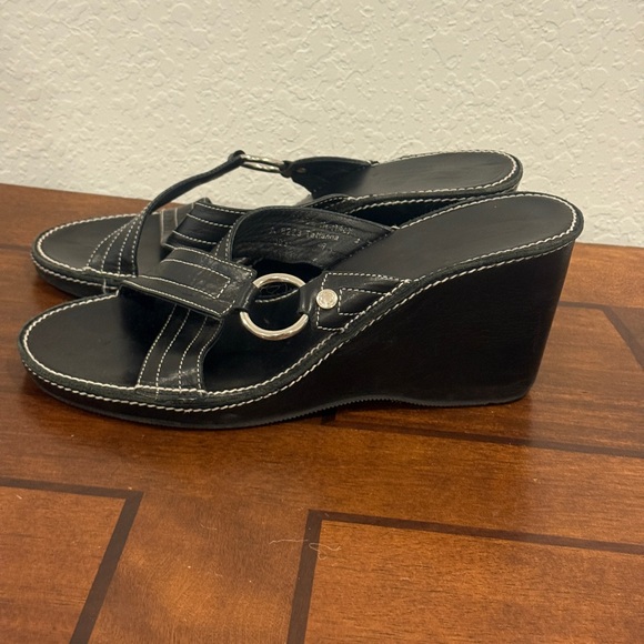 Coach Black Leather Wedge Sandals - Picture 1 of 8